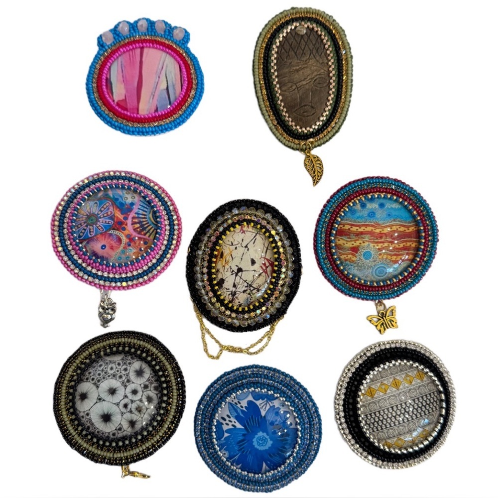Lot of 8 Handmade Beaded Cabochon Embellished Brooch Pins Assorted Boho Artsy